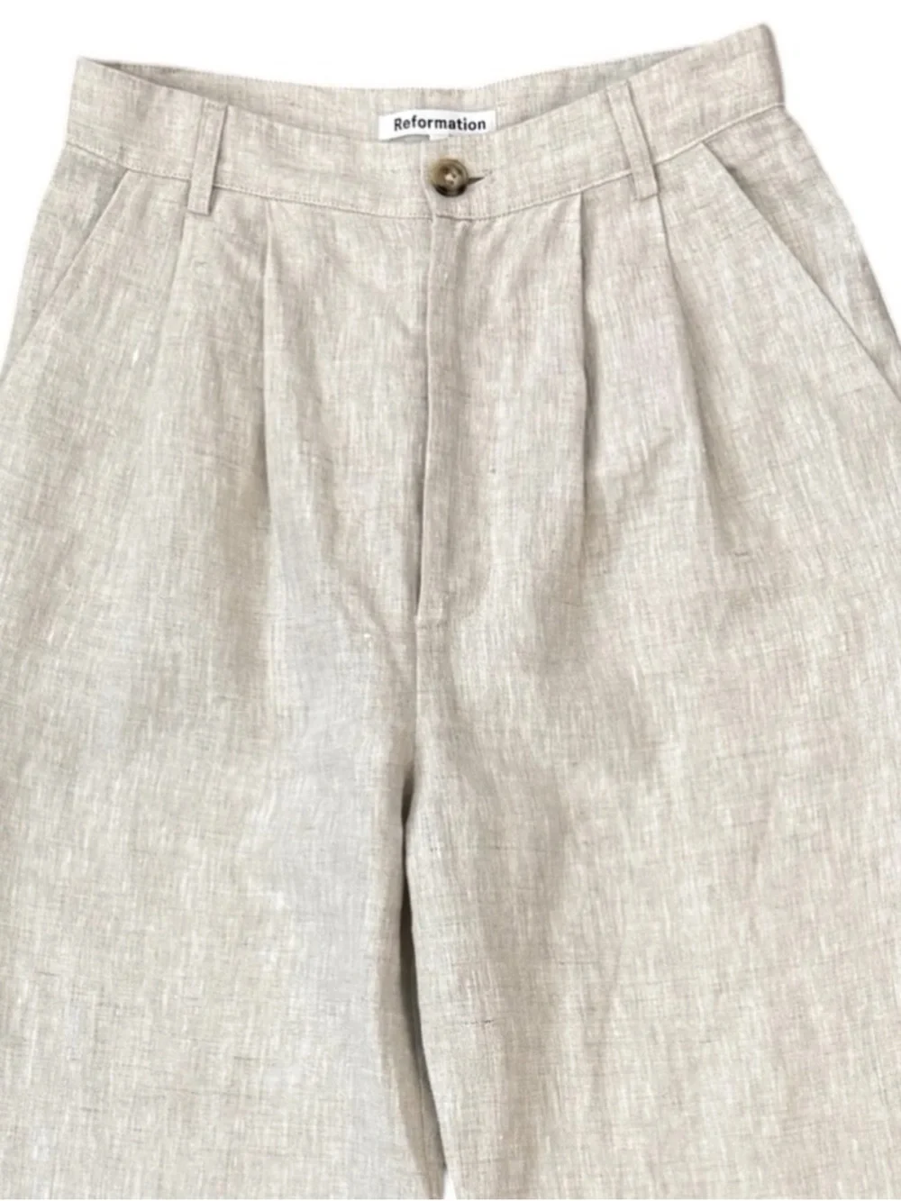 Reformation Mason 100% Linen Pants Size 2 Oatmeal Pleated Wide Leg Trouser